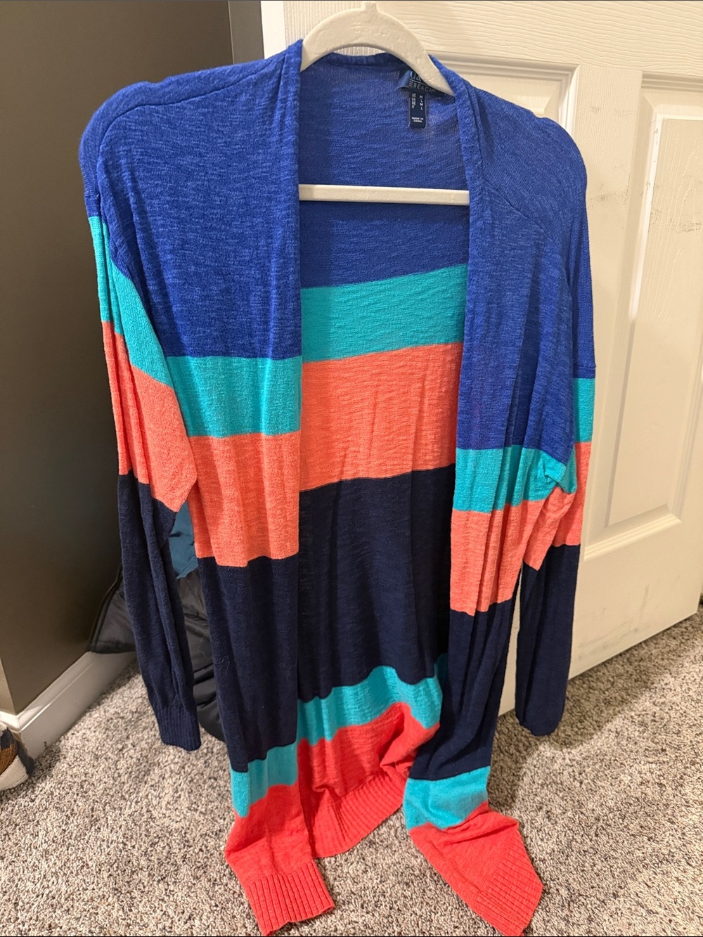 Striped Open Front Cardigan in Blue, Teal & Coral